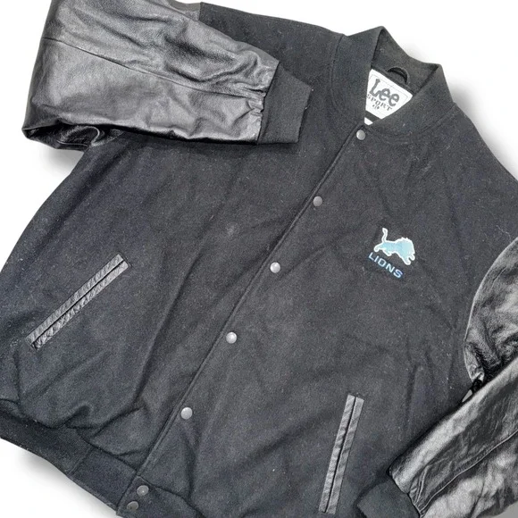 Lee Sport Detroit Lions Varsity Jacket Genuine Leather Sleeves Black Mens XL - Picture 1 of 5